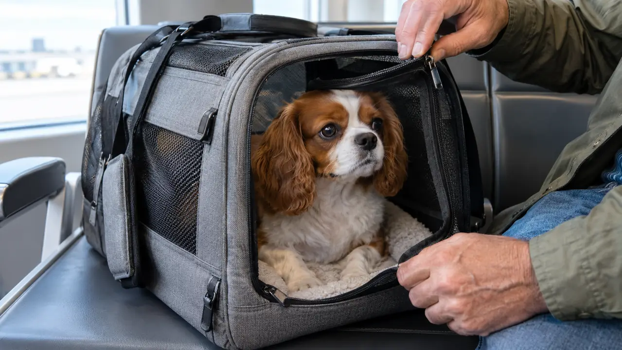 Hand zipping the side panel of a soft-sided carrier while a small dog waits inside