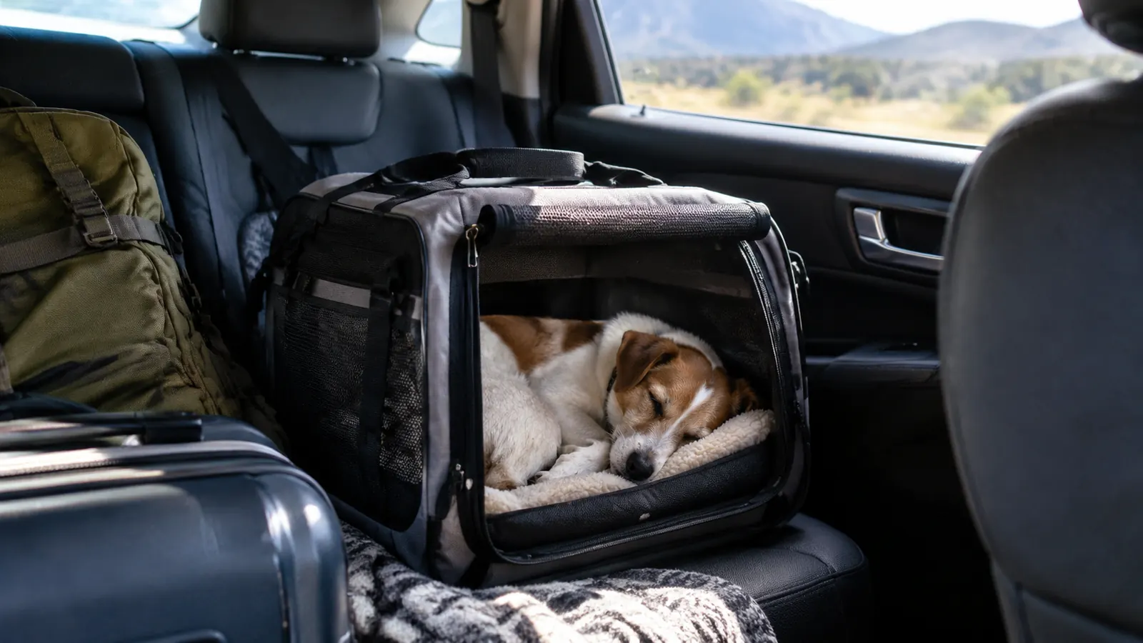 A small dog curled up and sleeping in a soft-sided carrier on the back seat of an SUV