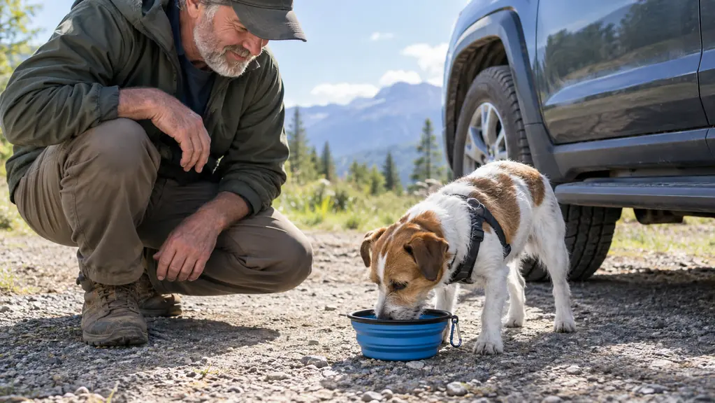 A small dog drinks from an unfurled collapsible travel bowl next to a car at a rest stop