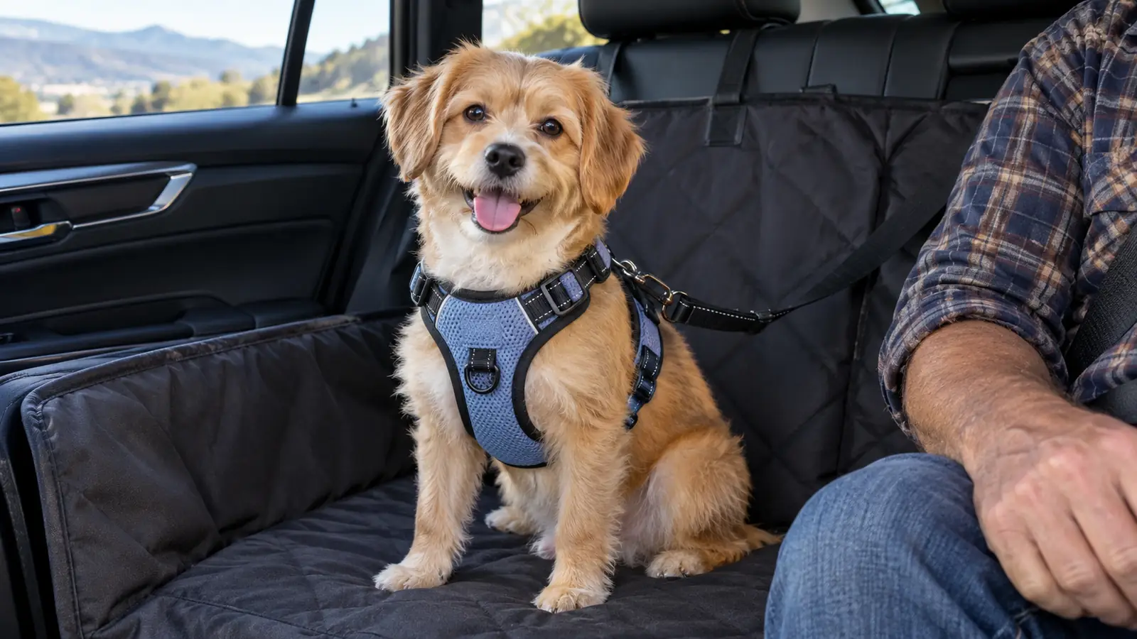 A small dog wearing a crash-tested harness in the back seat of a car, straps clearly visible