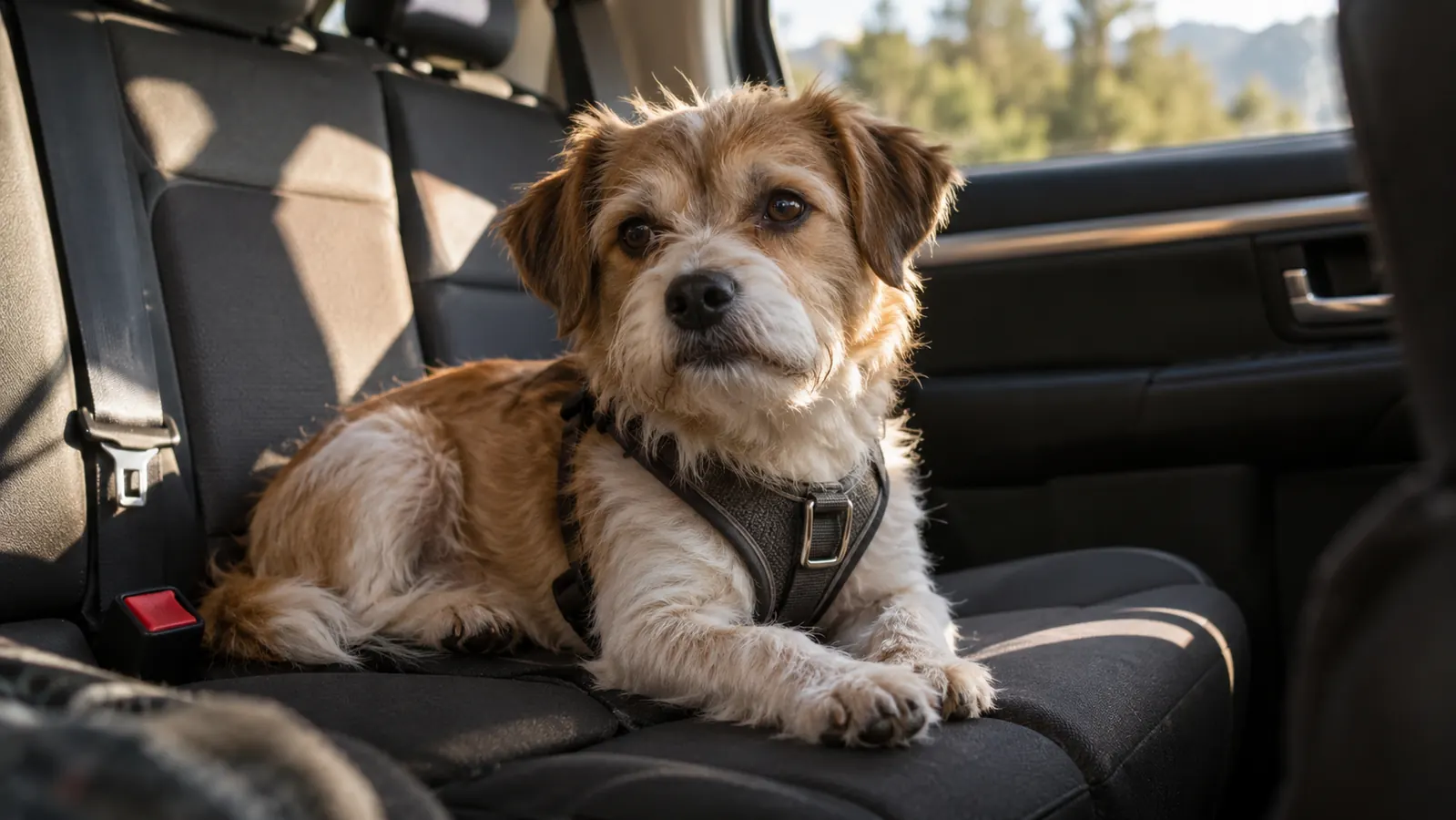 A small dog in a harness resting on a car seat during a long road trip, light coming through the window