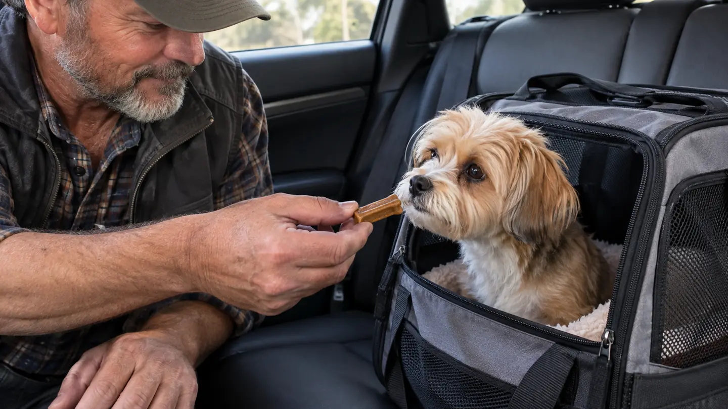 A hand holding a calming chew near a small dog sitting inside a carrier on a car back seat
