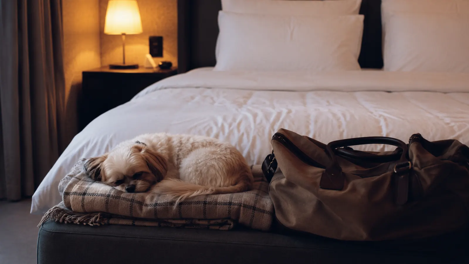 A small dog asleep on a folded blanket on a hotel bed next to a travel bag