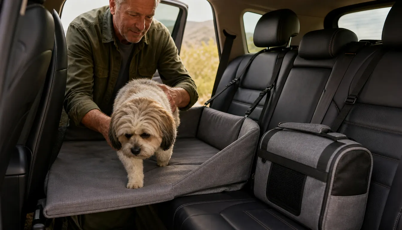 Small dog stepping onto a fabric travel bed on an SUV back seat