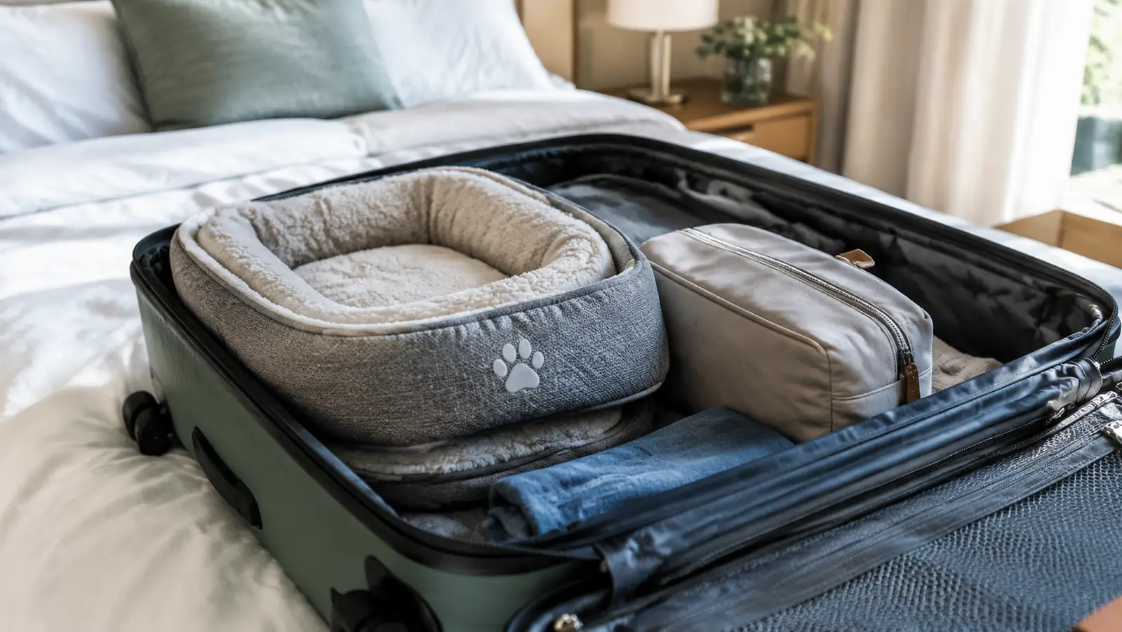 Open suitcase with a folded fabric pet bed tucked inside beside a toiletry bag
