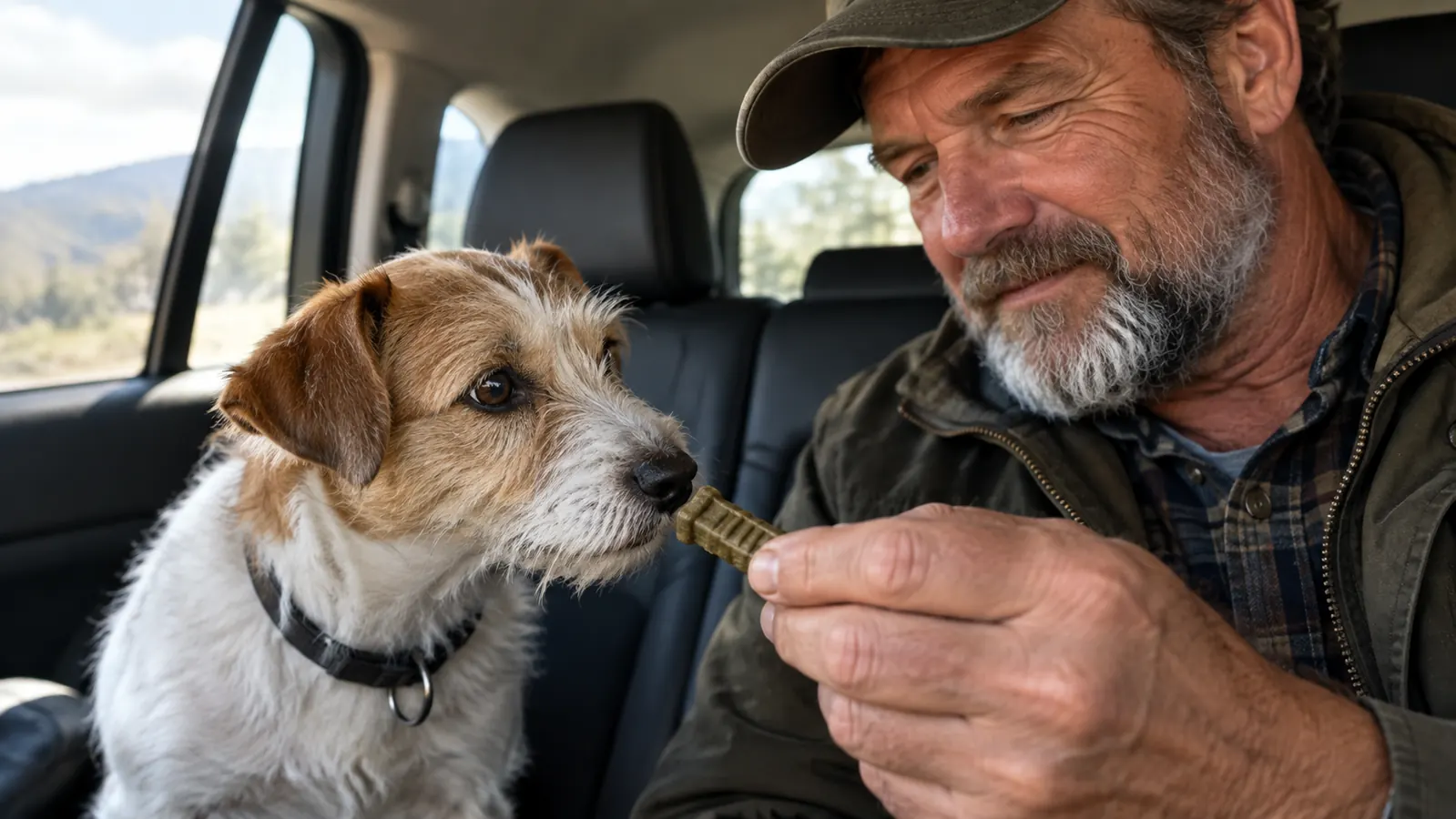 A hand holding a small chew toward a small dog in the back seat of an SUV.