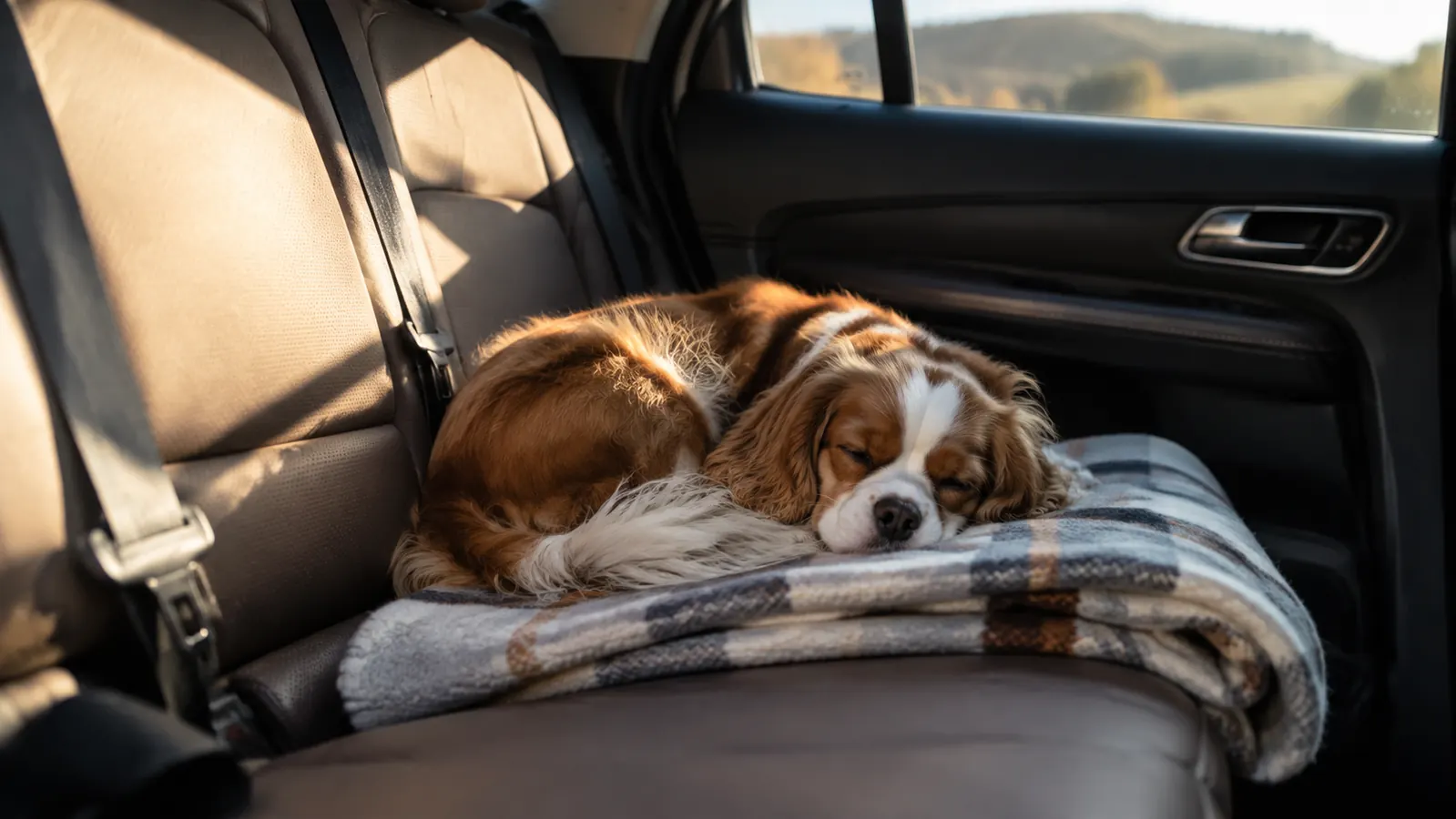 A small dog curled up asleep on a folded blanket on the back seat of an SUV.