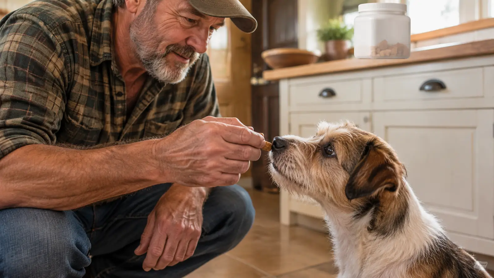 A hand holds out one chew to a small dog sitting on a kitchen floor