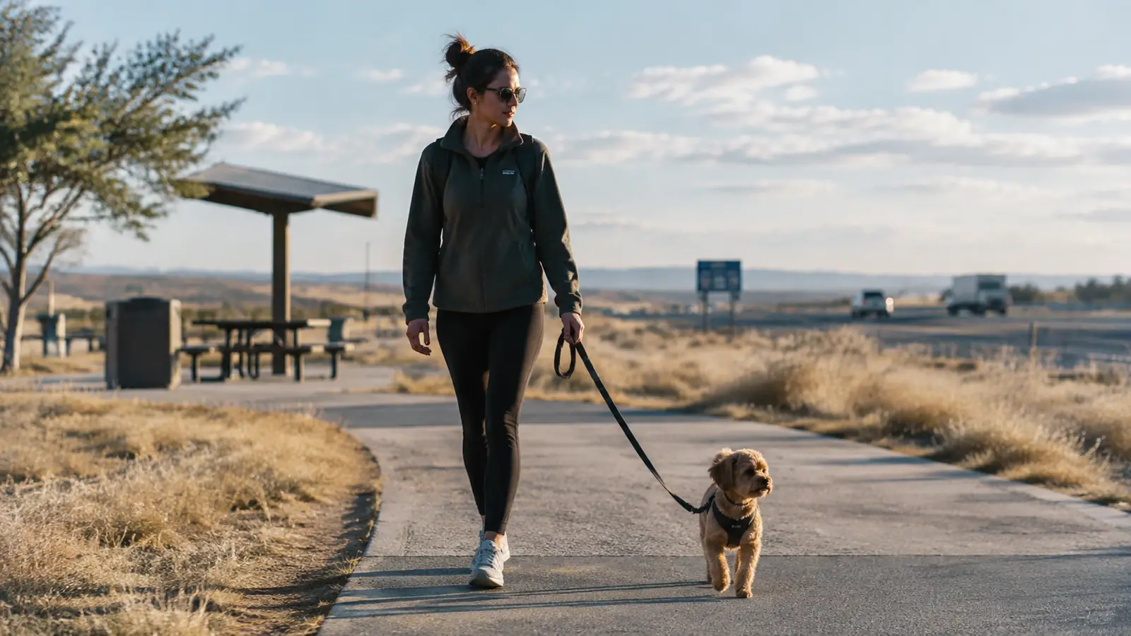 Person walking a small dog on a leash beside the highway at a rest stop