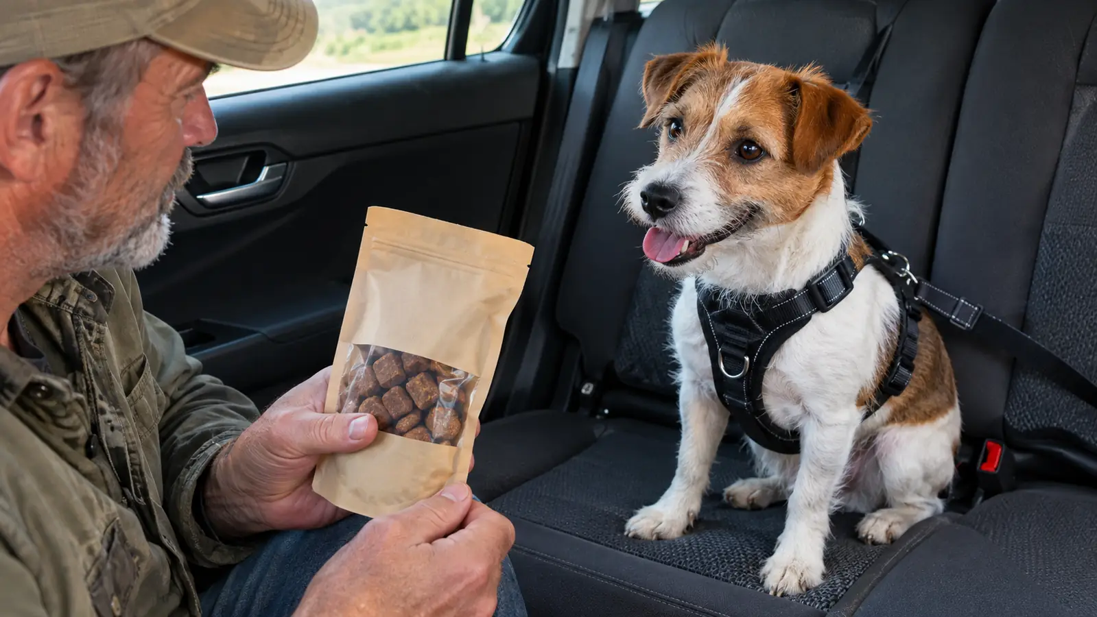 A hand offers a soft chew to a small dog sitting on the back seat of a car before a trip, with a carrier and folded blanket nearby.