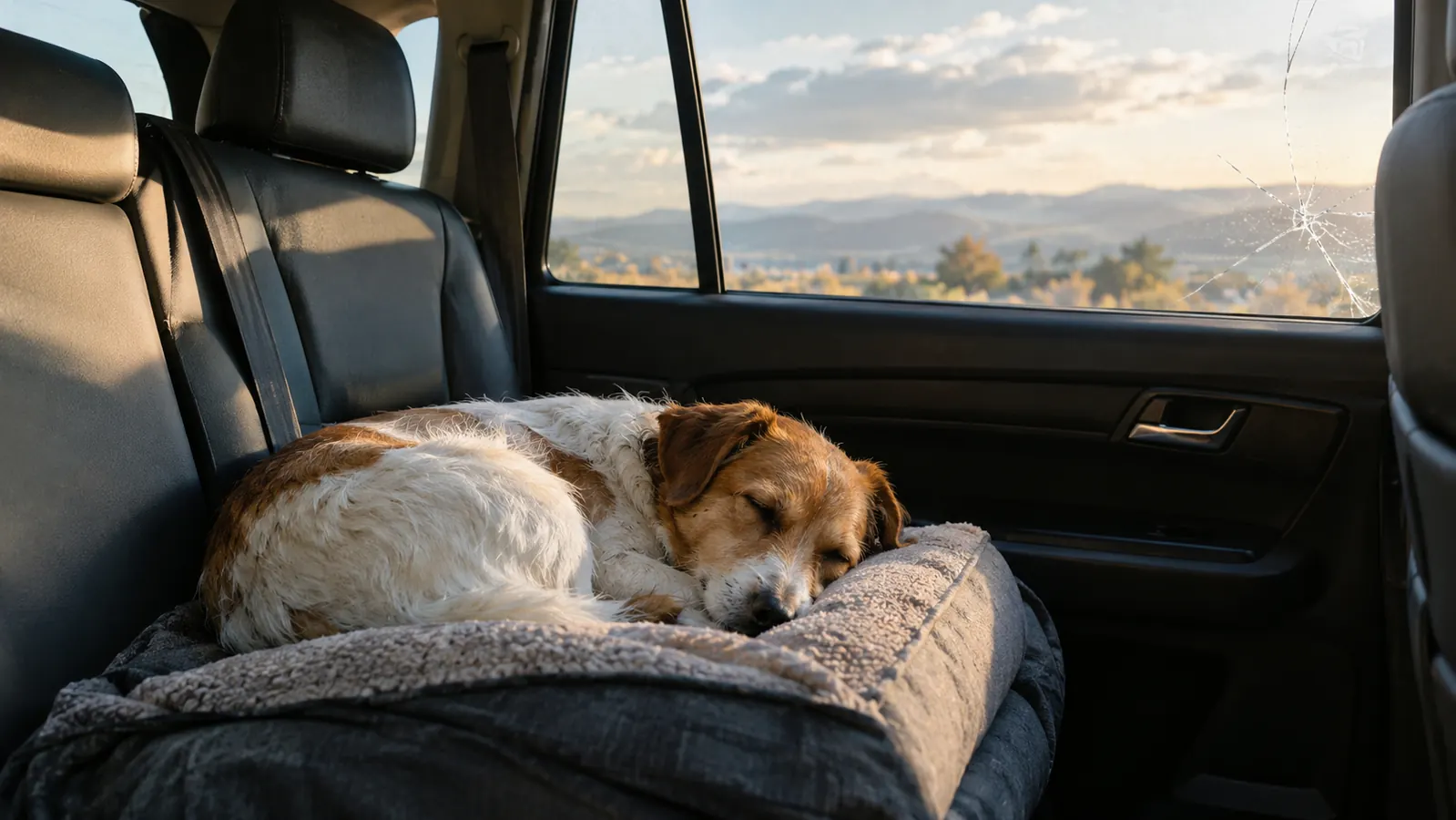 A small dog sleeps curled up on a folded dog bed in the back seat of a parked car with a window cracked open.