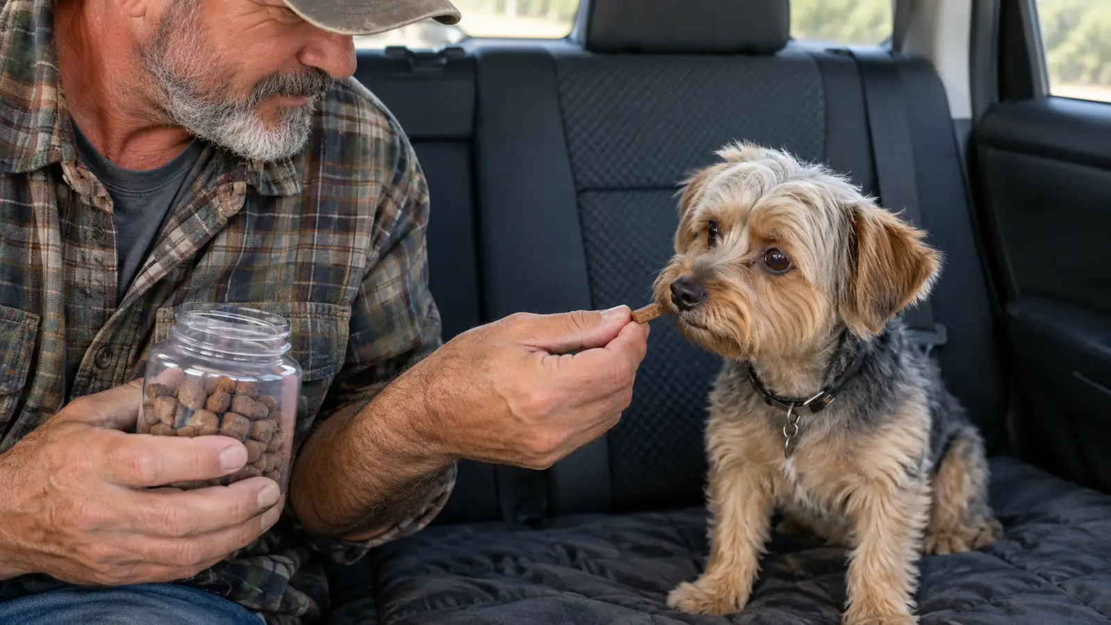 A person holding out a chew to a small dog sitting on the back seat of an SUV