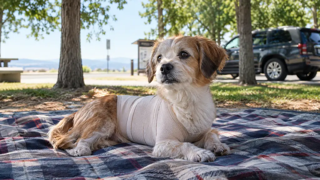 A small dog wearing a compression wrap on a picnic blanket at a rest stop