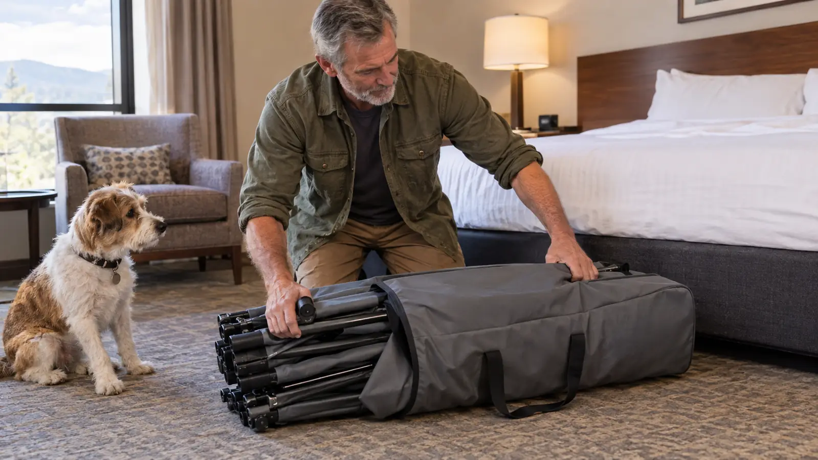 A traveler unfolds a small dog travel bed out of its carry bag while the dog watches