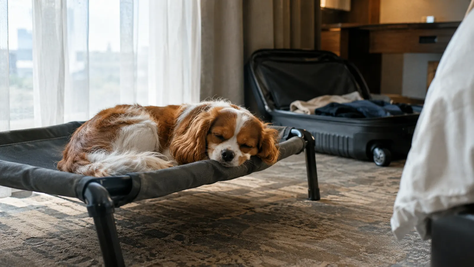 A small dog sleeping on its travel bed on a hotel floor in soft morning light