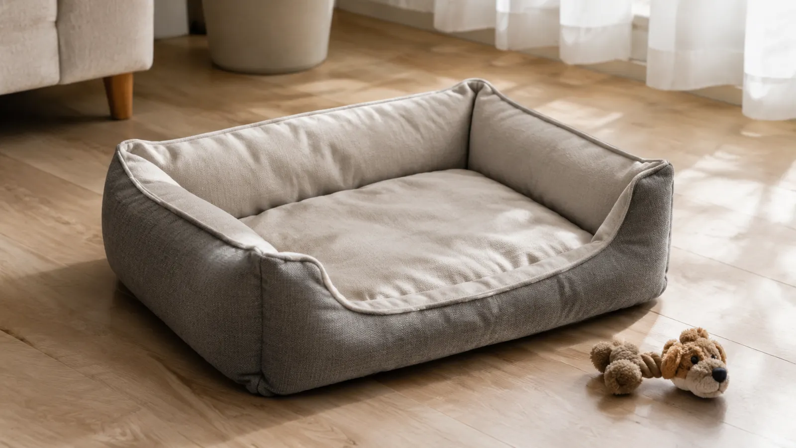 Empty rectangular fabric travel bed laid on a living room floor with a dog toy beside it