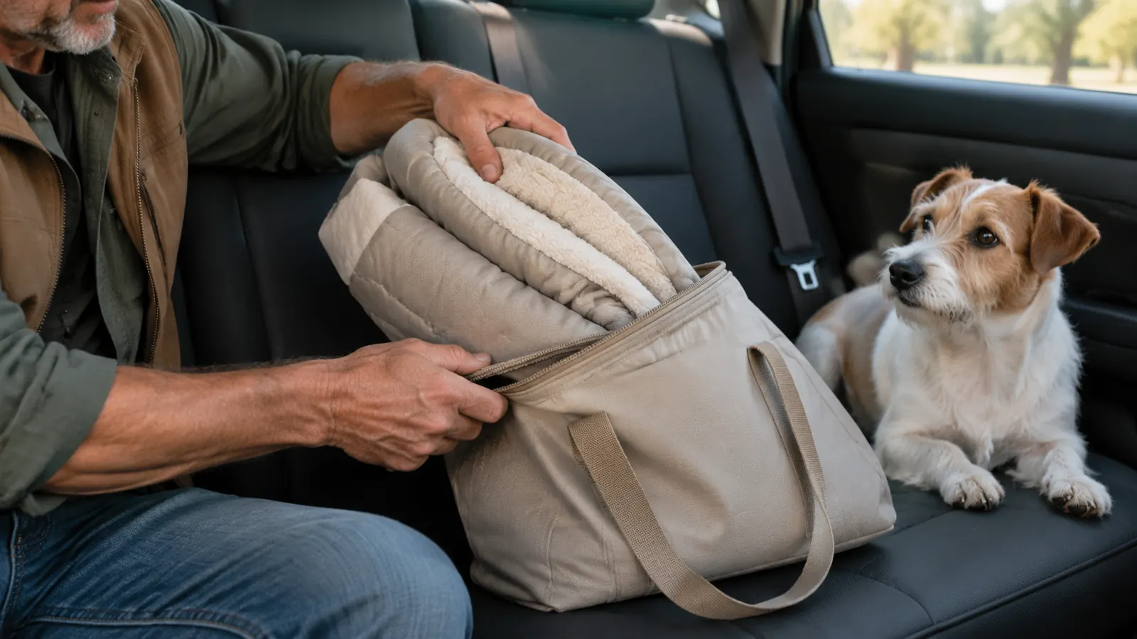 Hands folding a small travel bed into its carry bag on the back seat of a car beside a dog carrier