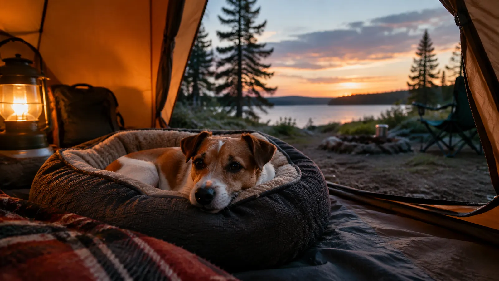 Small dog lying on a travel bed inside a tent at dusk, with camping gear outside the entrance