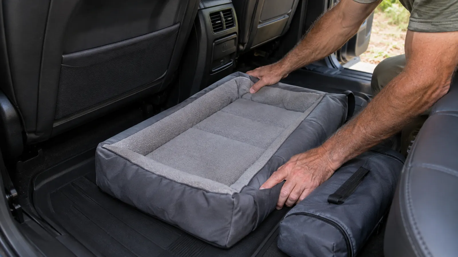 Hands settling a foldable small dog travel bed on the back seat of an SUV