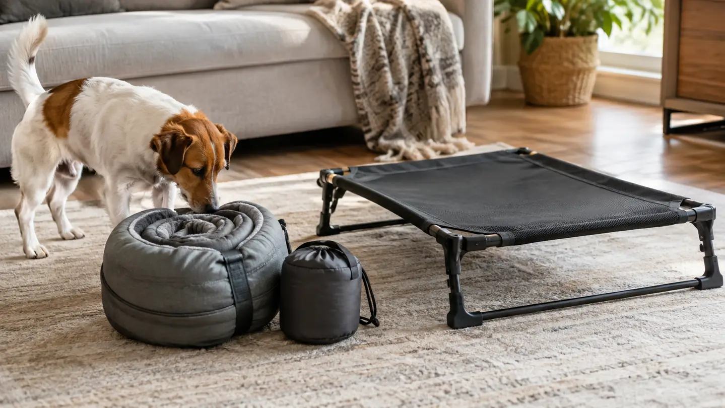 A folded fabric travel bed with a carry bag next to an unfolded elevated mesh cot
