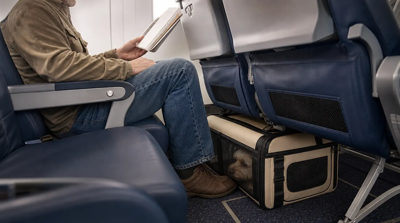 Soft-sided carrier tucked under an airplane seat while a small dog presses its nose to the mesh side