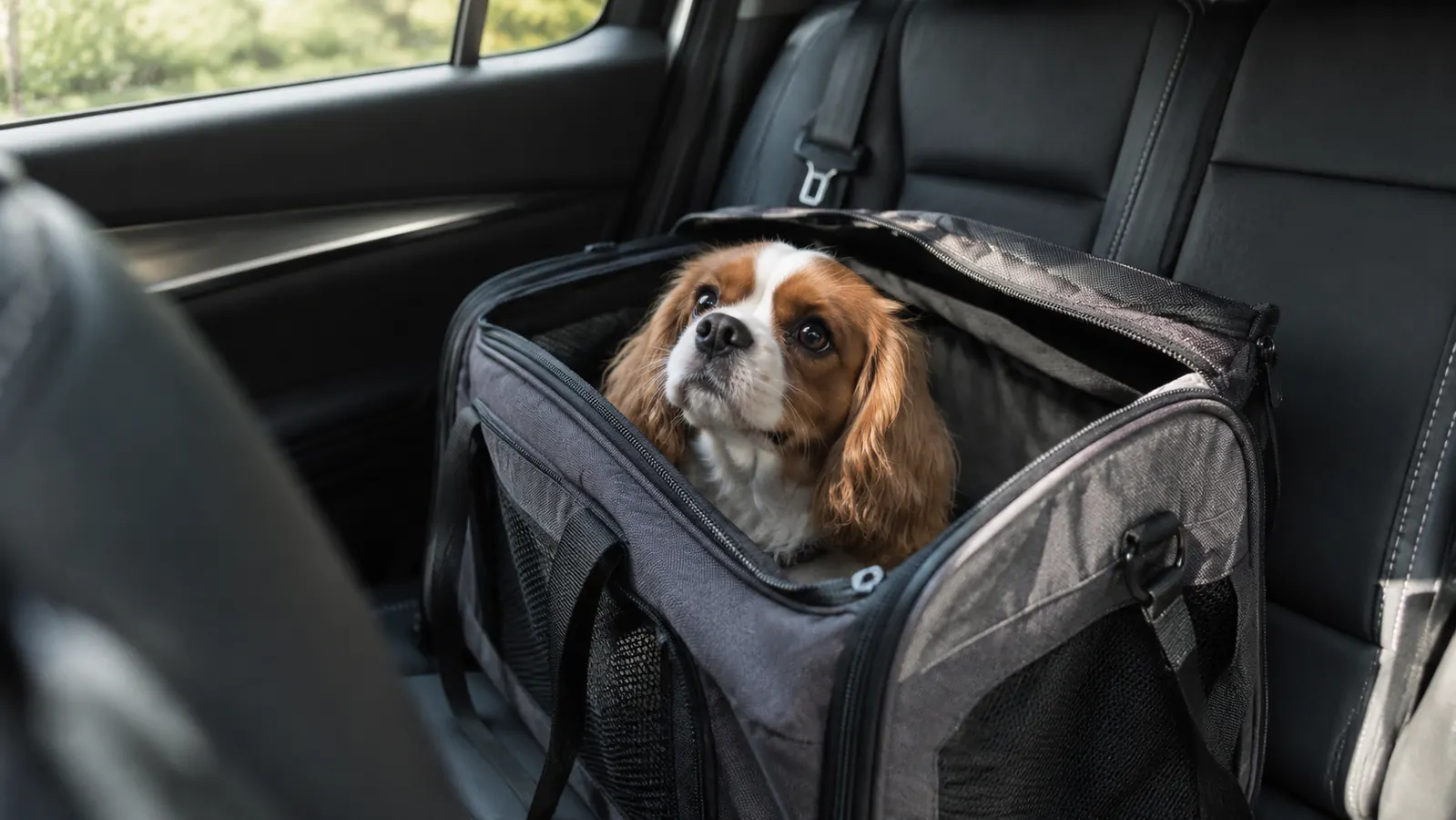 Soft-sided carrier sitting on a car's back seat with its top opening unzipped while a small dog lifts its head