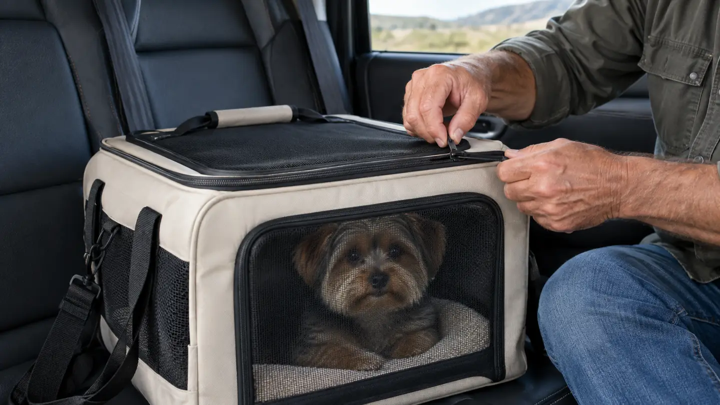 Hands zipping the top opening of a soft-sided pet carrier shut while a small dog waits inside on a car back seat.