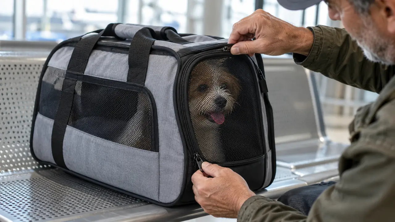 A person's hands zipping a small dog into a soft-sided collapsible carrier on a bench