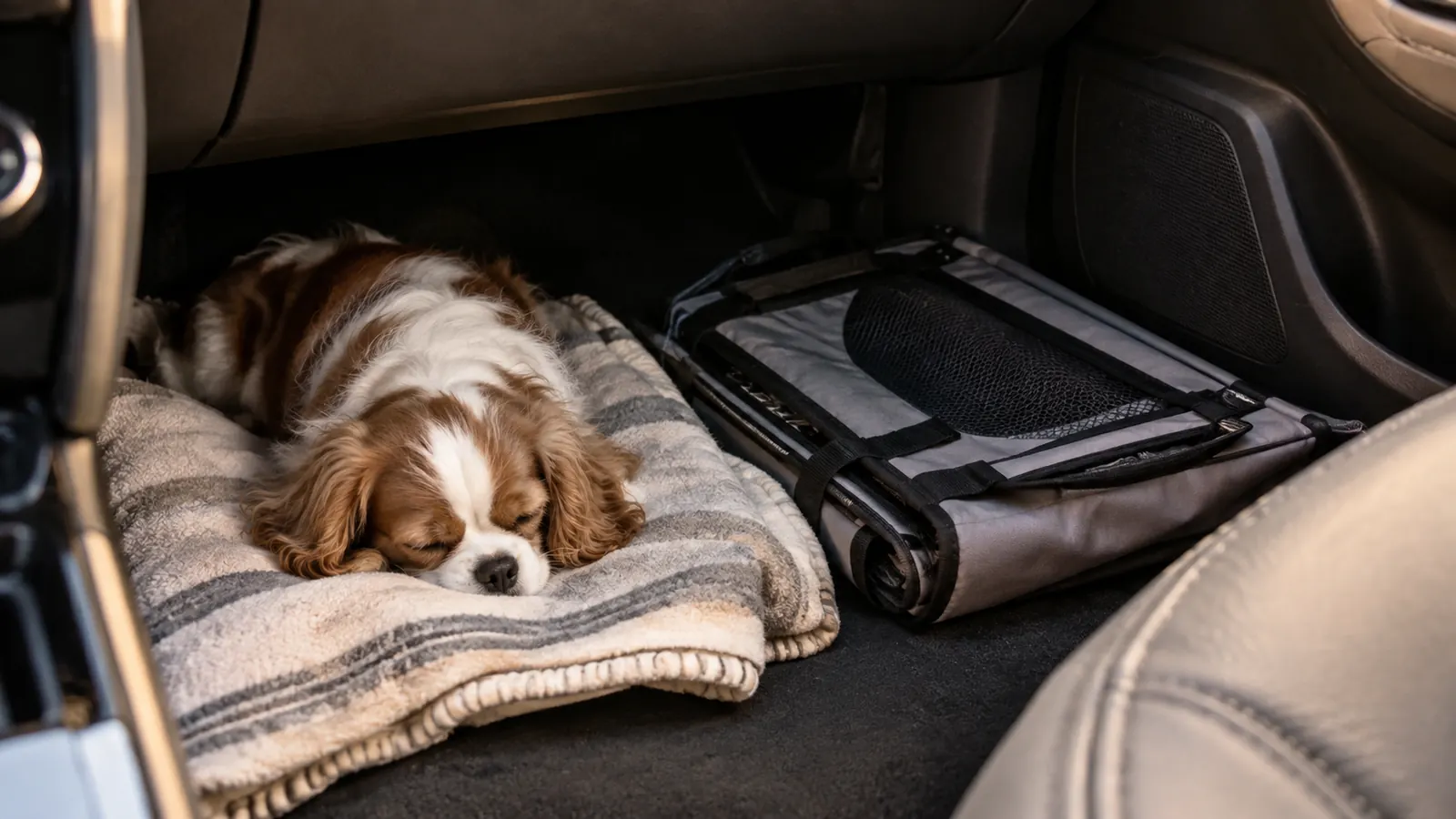 A small dog curled on a folded blanket on a passenger seat next to a soft-sided carrier