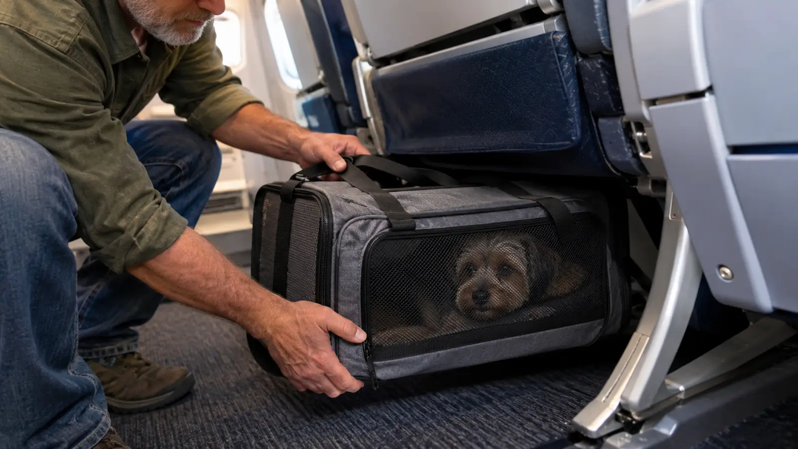 Soft-sided pet carrier sliding under an airplane seat with a small dog visible through the mesh side