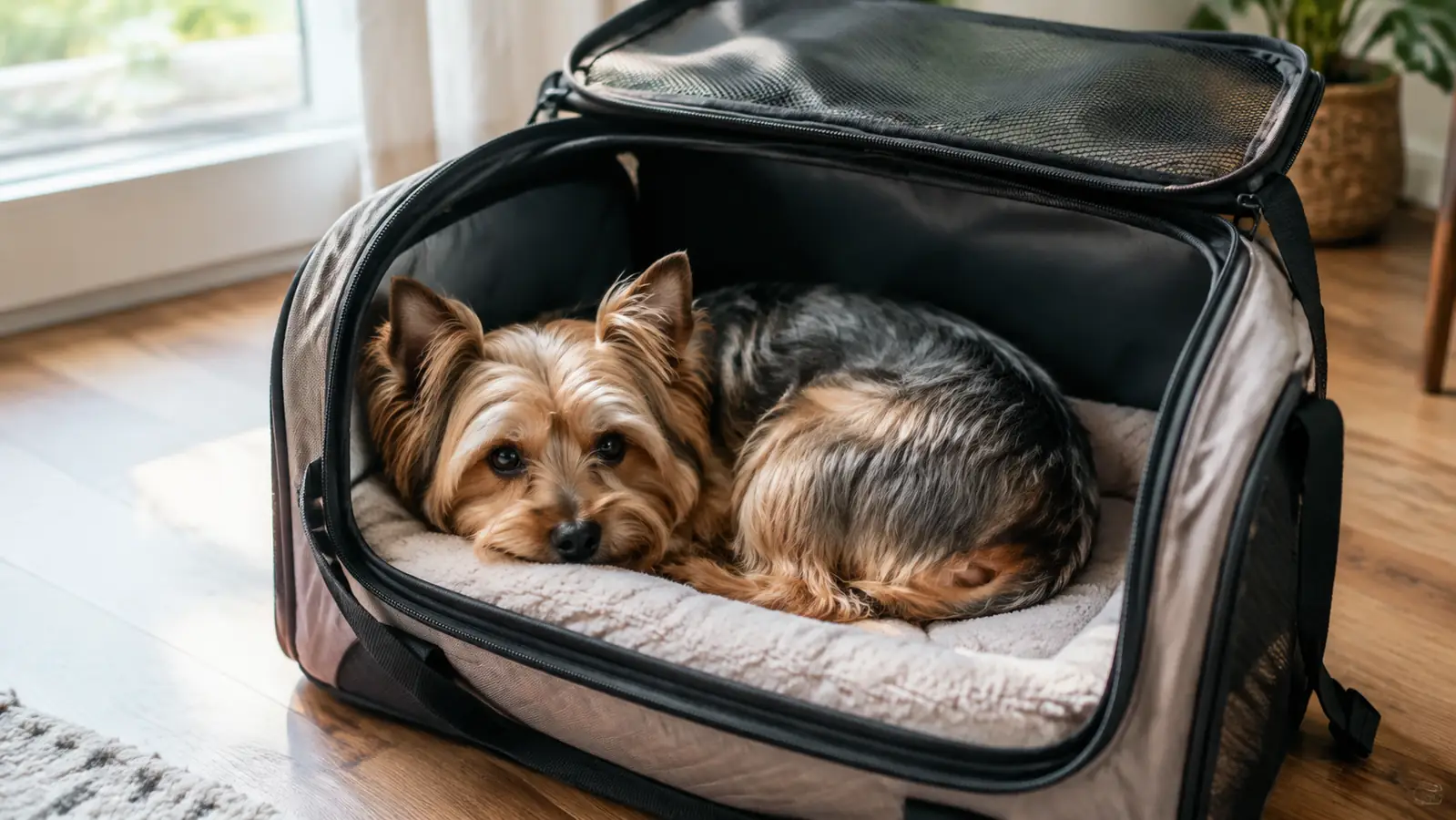 Small dog curled up inside a soft-sided pet carrier that is open on a home floor