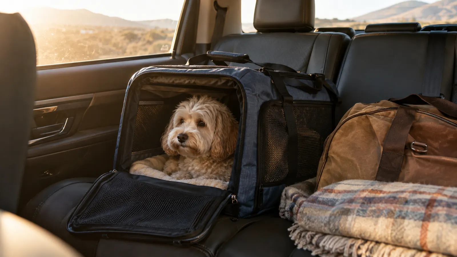 A small dog resting in a soft-sided carrier on the back seat of a parked car, luggage stacked beside it, late afternoon light through the window