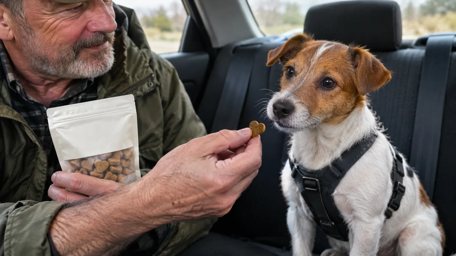 Hand holding out a single calming chew treat to a small dog in the back seat of a car