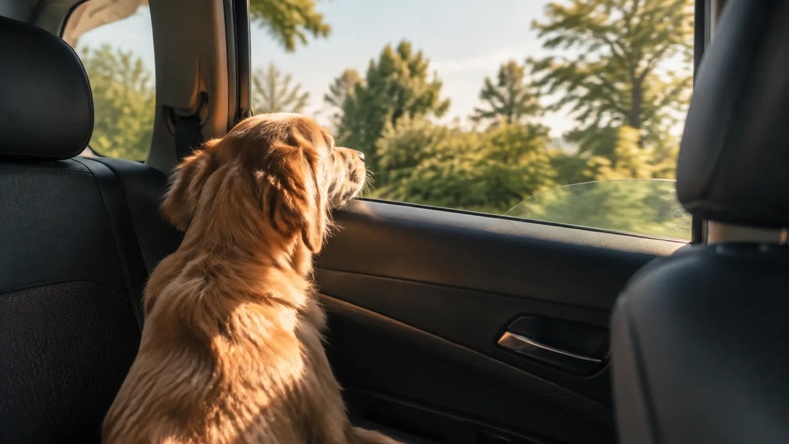 Small dog with head near a partly open window during a peaceful car ride, trees blurred outside