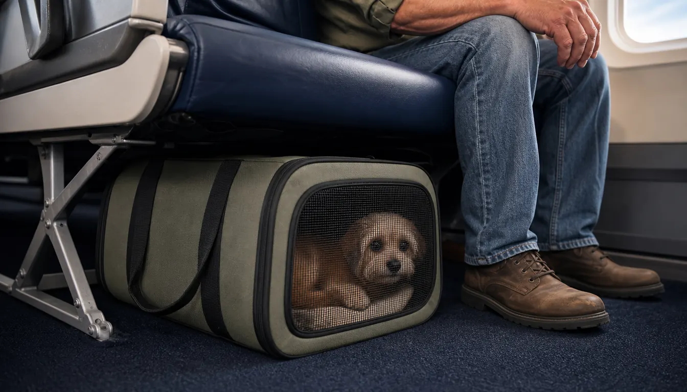 Soft-sided pet carrier tucked beneath an airplane seat with a small dog visible through the mesh side panel
