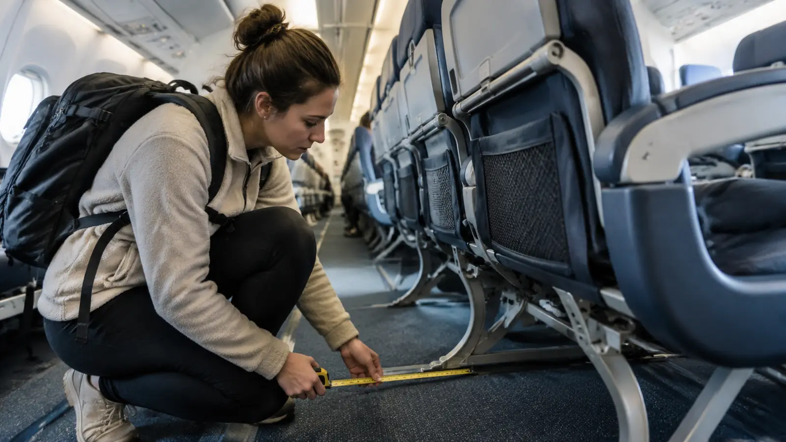 Traveler using a small tape measure to check the height of the opening under an airplane seat