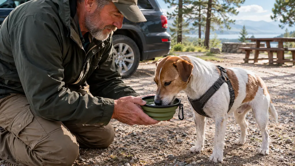 A person kneeling and holding a collapsible travel bowl while a small dog drinks from it next to a parked car