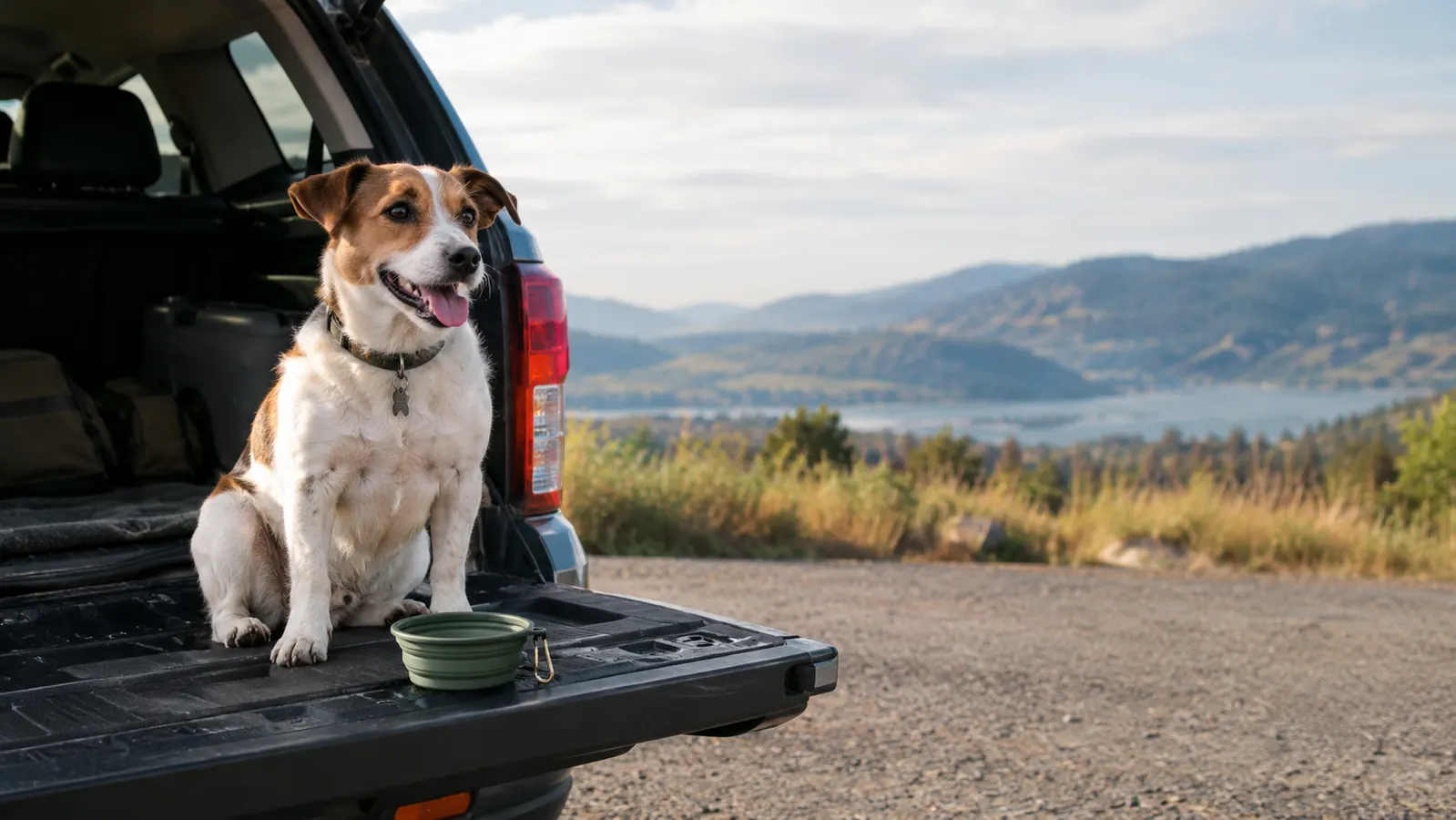 A small dog sitting calmly on the folded-down tailgate of a parked SUV while a collapsible travel bowl sits beside it