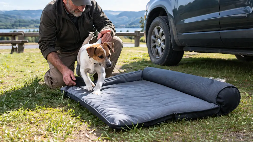 A person kneeling beside an open car door while a small dog steps onto a travel bed laid on the grass