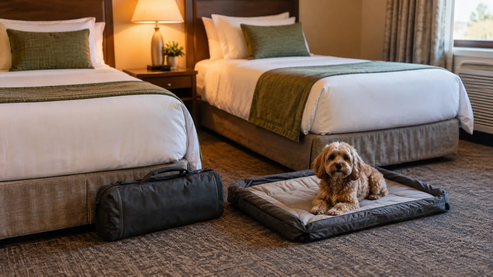 A small dog sitting on a travel bed on a hotel room floor with the bed's carry bag beside it