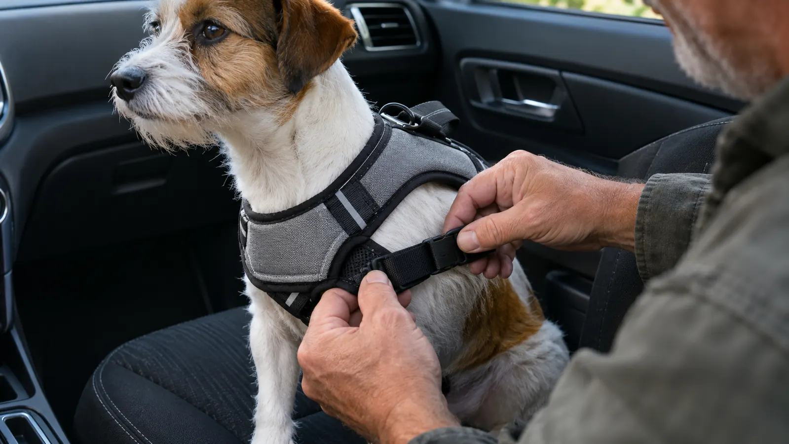 A person's hands adjusting the chest strap on a padded harness worn by a small dog sitting on a car seat.