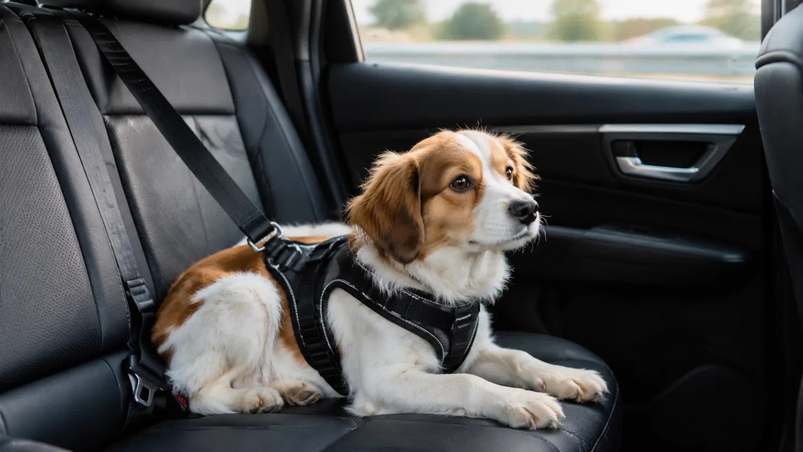 A small dog lies down on the back seat of an SUV, harness still connected to a seat belt, during a road trip.
