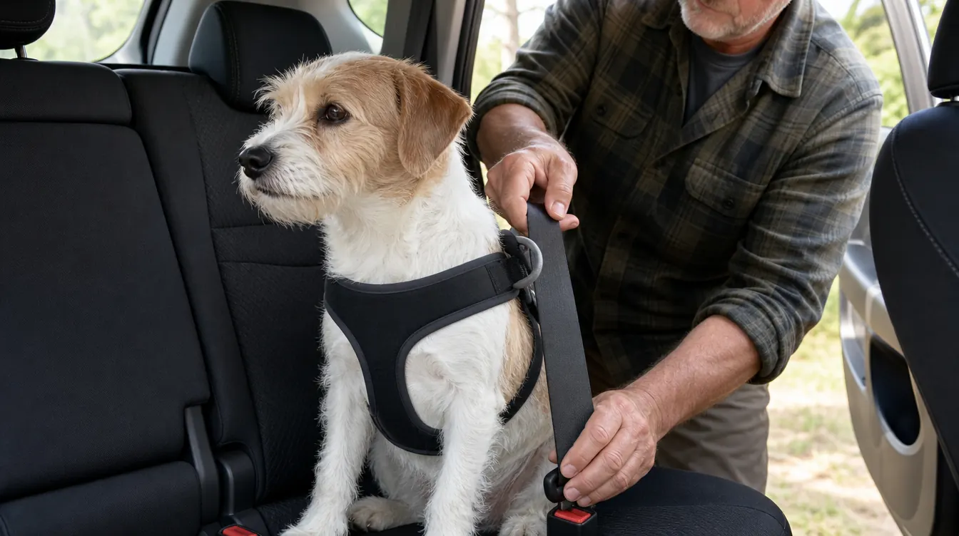A small dog wearing a padded harness sits on a vehicle back seat and a seat belt is clipped across the harness.
