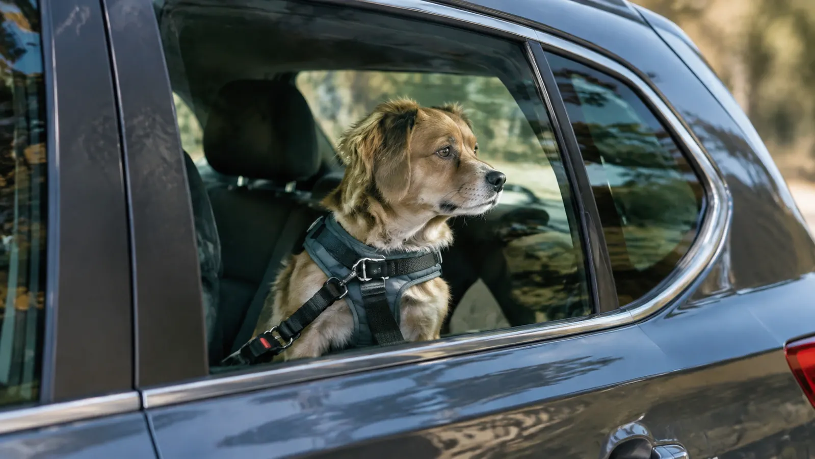 A small dog secured in a vehicle back seat looks out a side window while wearing a padded harness with a seat belt across its chest.