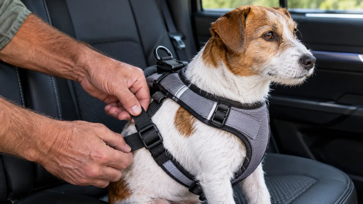 A person's hand tightening the belly strap of a padded harness on a small dog sitting on the back seat of a car.