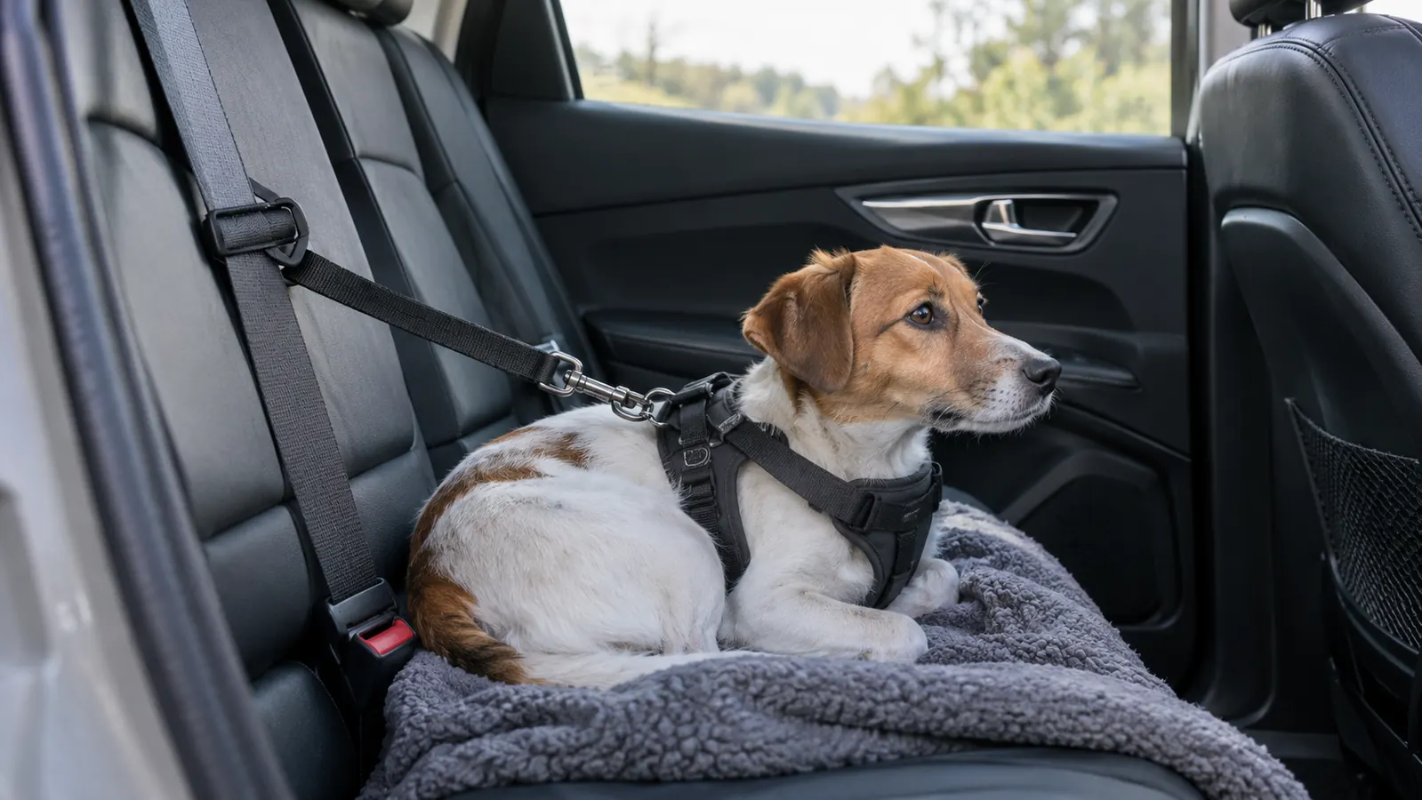 A small dog wearing a fitted harness rests curled on a car back seat while the seatbelt passes through the tether loop.