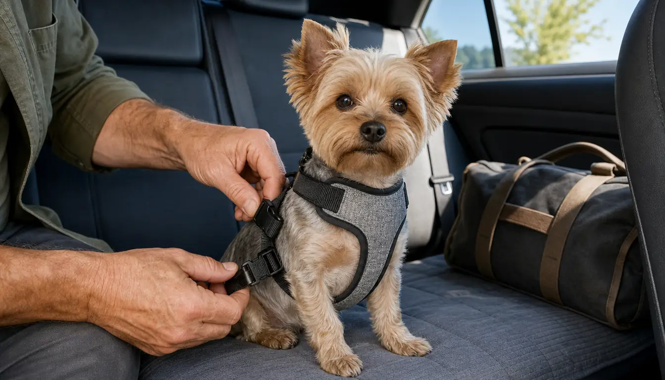 A person's hands adjust the straps of a harness on a small dog sitting on the back seat of a car.