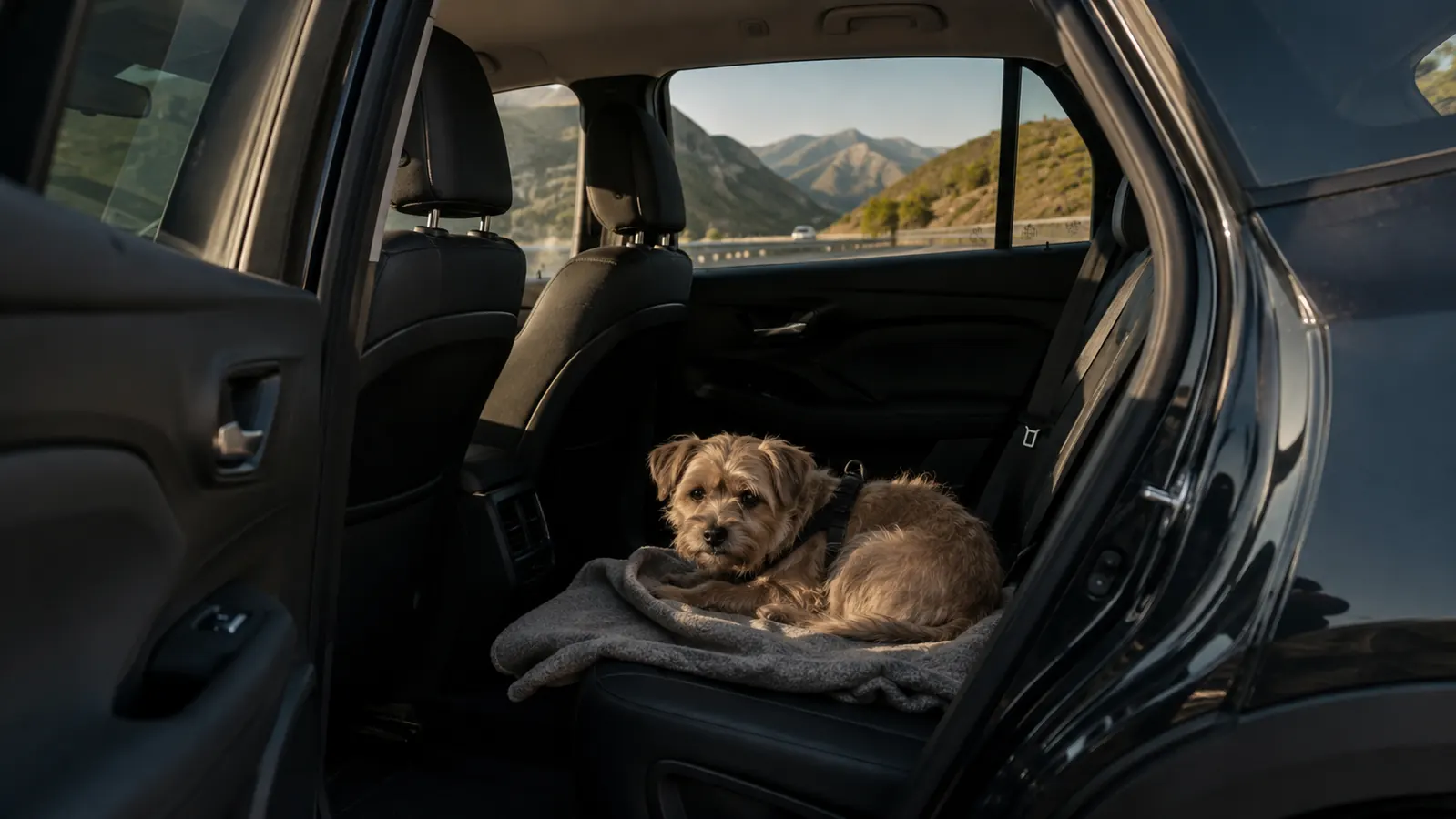 A small dog with a harness rests on a folded blanket on the back seat of a compact SUV, with mountains visible outside.