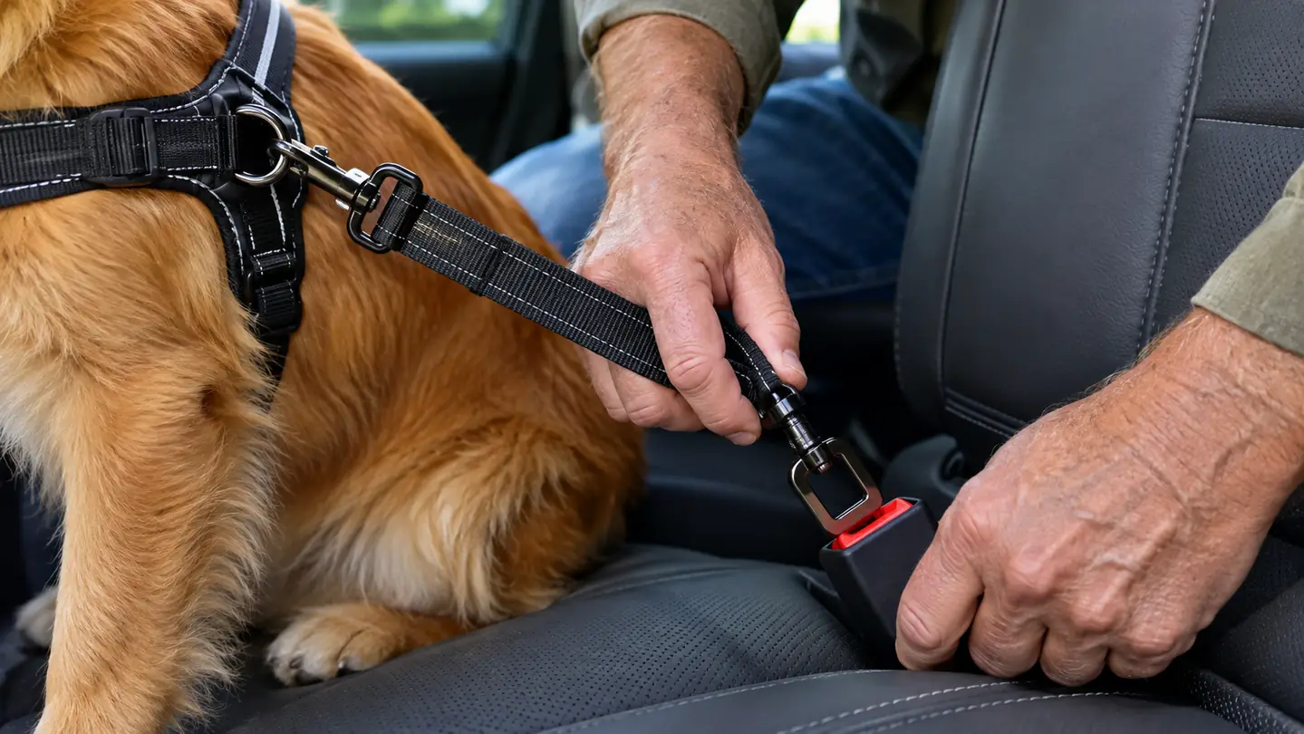 Close-up of a hand connecting a harness tether to the seat belt latch in a car.
