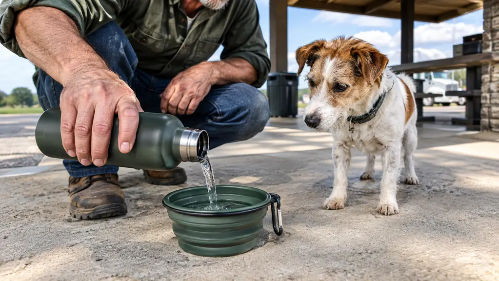 A person's hand pours water from a bottle into a collapsible bowl while a small dog waits at ground level